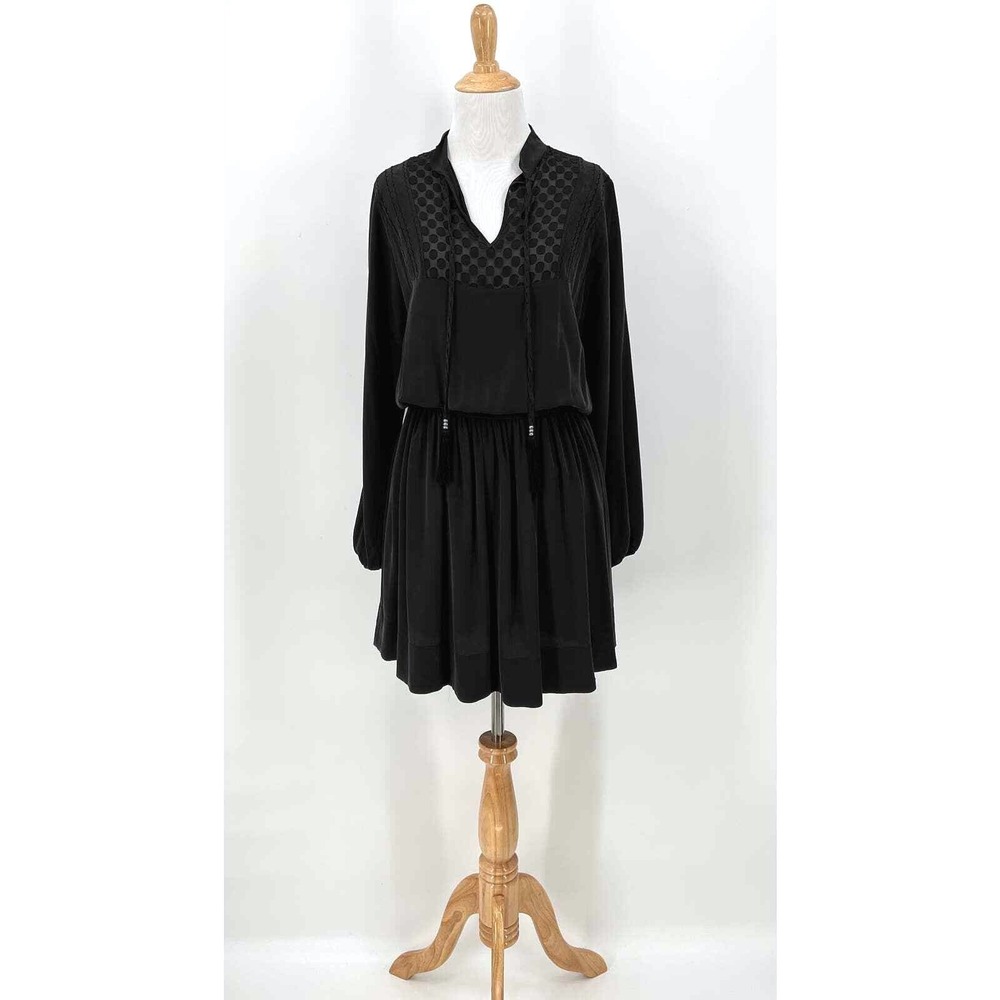SEE BY CHLOE Dress Women 4 Black Embroidered Tassel Silk Long Sleeve Mini Sheer
